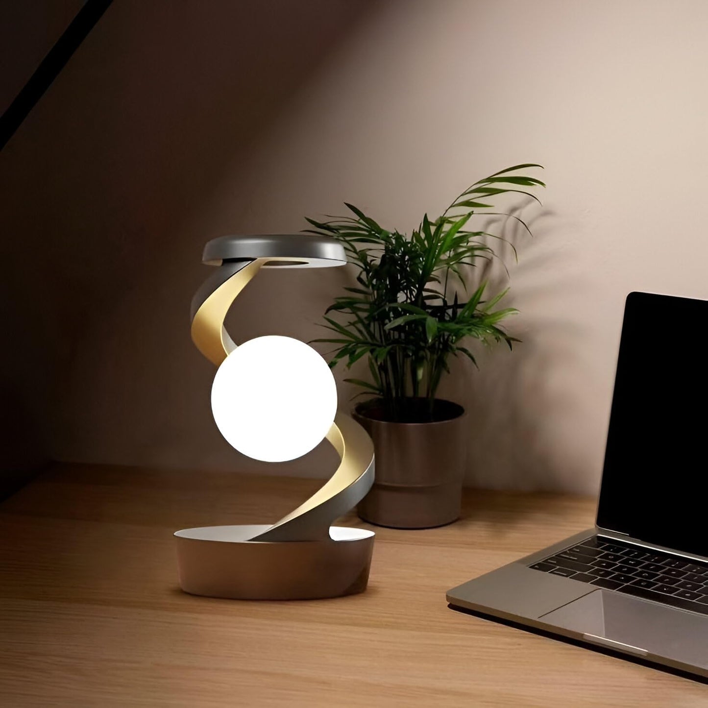 LED giratoria de 360° con cargador inalámbrico, lámpara de mesa moderna, lámpara de escritorio inalámbrica recargable, luz nocturna levitante LED multicolor, luces