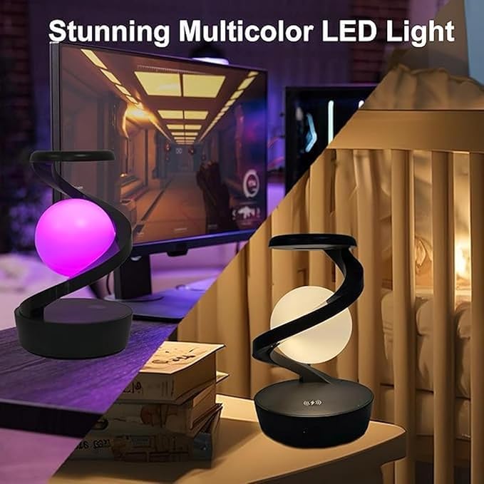 LED giratoria de 360° con cargador inalámbrico, lámpara de mesa moderna, lámpara de escritorio inalámbrica recargable, luz nocturna levitante LED multicolor, luces
