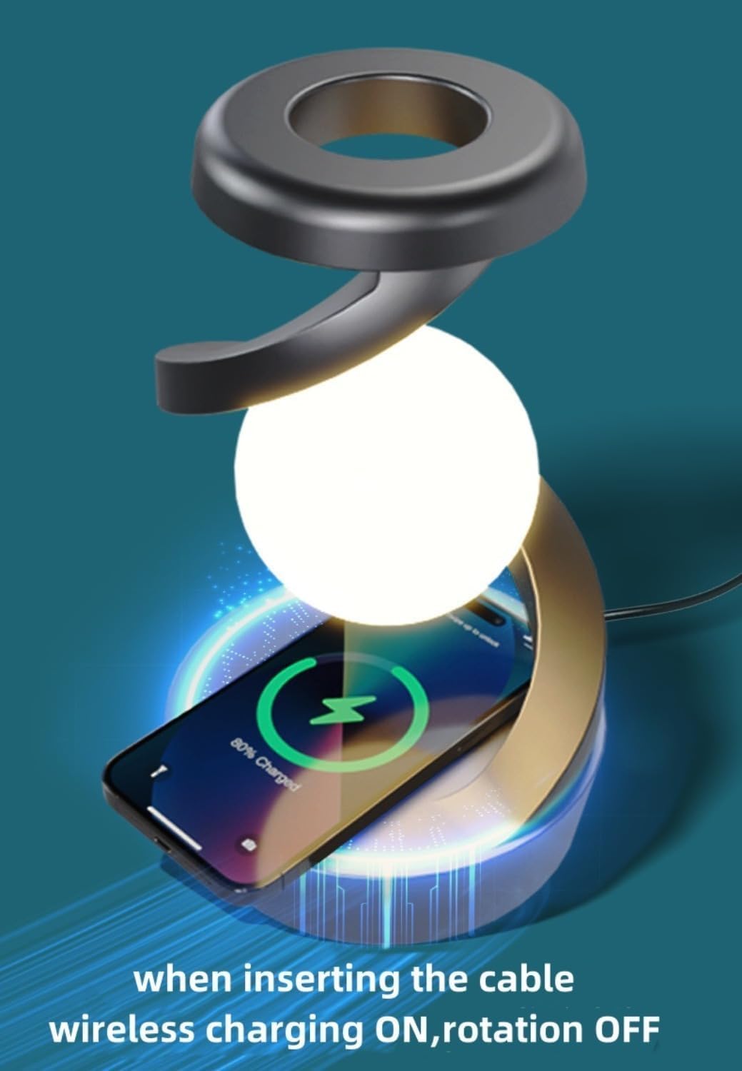 LED giratoria de 360° con cargador inalámbrico, lámpara de mesa moderna, lámpara de escritorio inalámbrica recargable, luz nocturna levitante LED multicolor, luces
