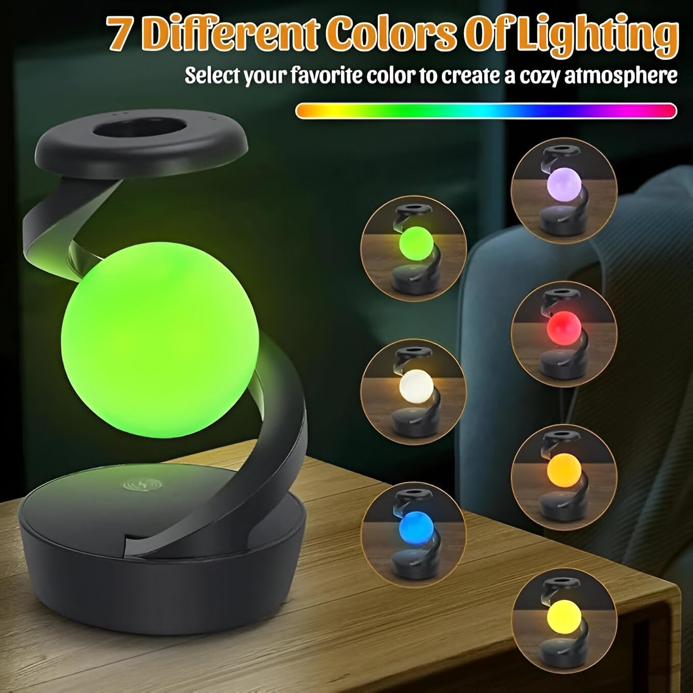 LED giratoria de 360° con cargador inalámbrico, lámpara de mesa moderna, lámpara de escritorio inalámbrica recargable, luz nocturna levitante LED multicolor, luces